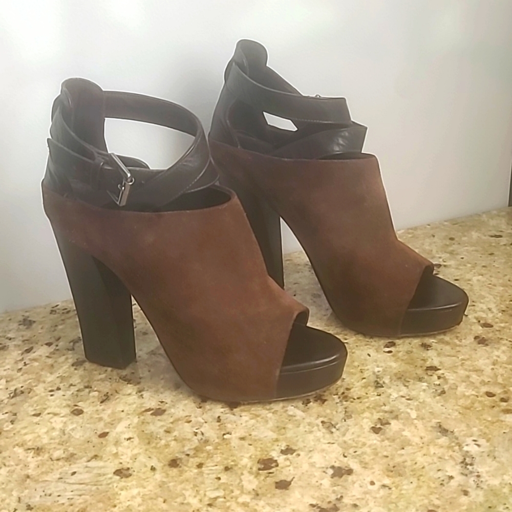 All Saints brown suede leather peep to heel. Gently worn. Sz 7